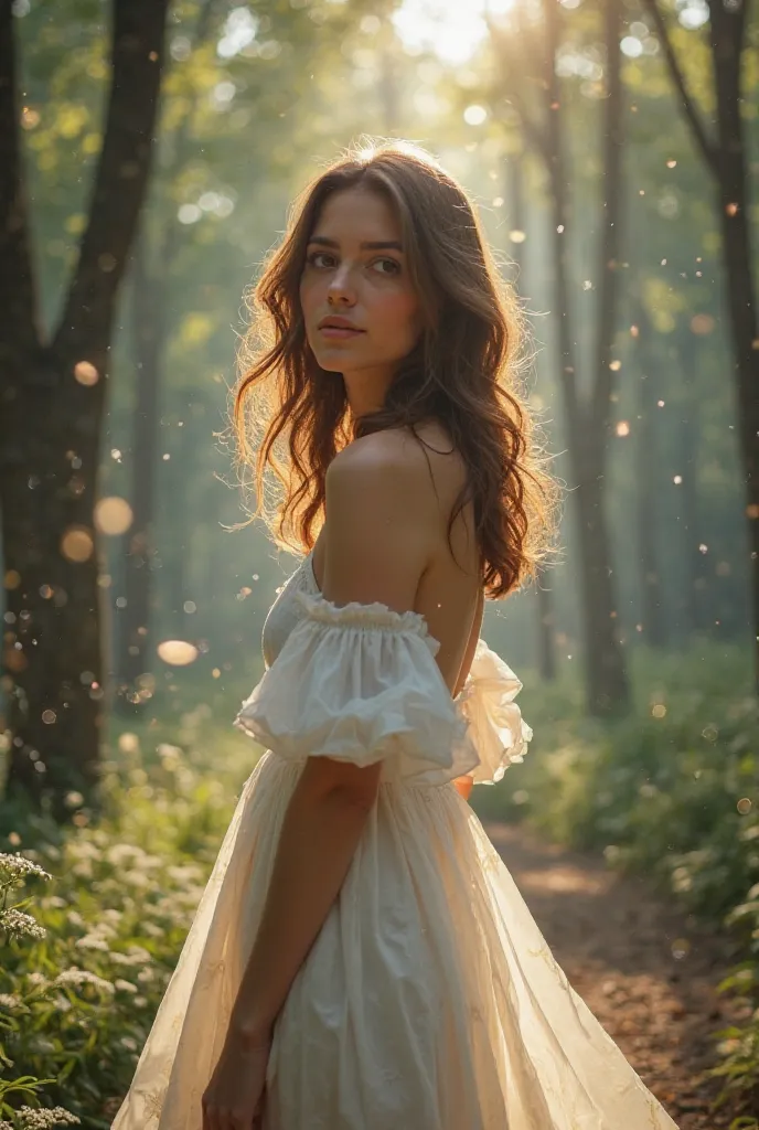 A beautiful Romanian woman with shoulder-length, wavy hair, soft facial features, and warm, affectionate eyes. She stands in an enchanted forest, wearing a flowing white dress that gently sways with the breeze. The sunlight filters through the dense trees,...