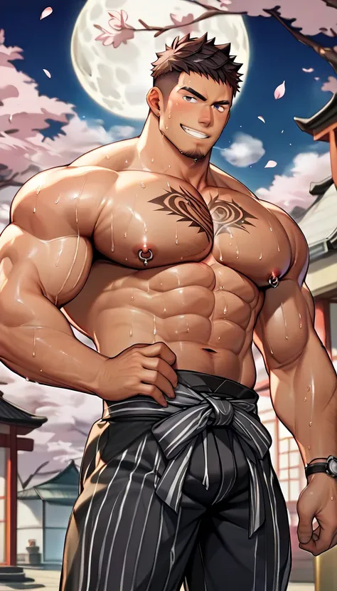 TOP QUALITY、masterpiece、Super Detail、perfection、 manly、Age 30、smile、 muscularな男性、 muscular、crew cut、(sweat:1.5)、perspired、(steam:1.2)、nipple piercing、tattoo on chest、(Wearing a black yukata、night、 full moon、cherry blossoms、wide view:1.2)