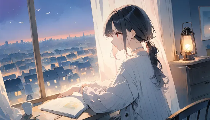 girl concentrating on work in a quiet room in the moonlight、
age girl、Alone、 cute face、 black hair、 Red Eyes、slightly pale pink lips、 Rabbit Ears、
light gray sheer turtleneck top、smoky lavender pleated long skirt、IVORY LONG CARDIGAN、simple pearl choker、cle...