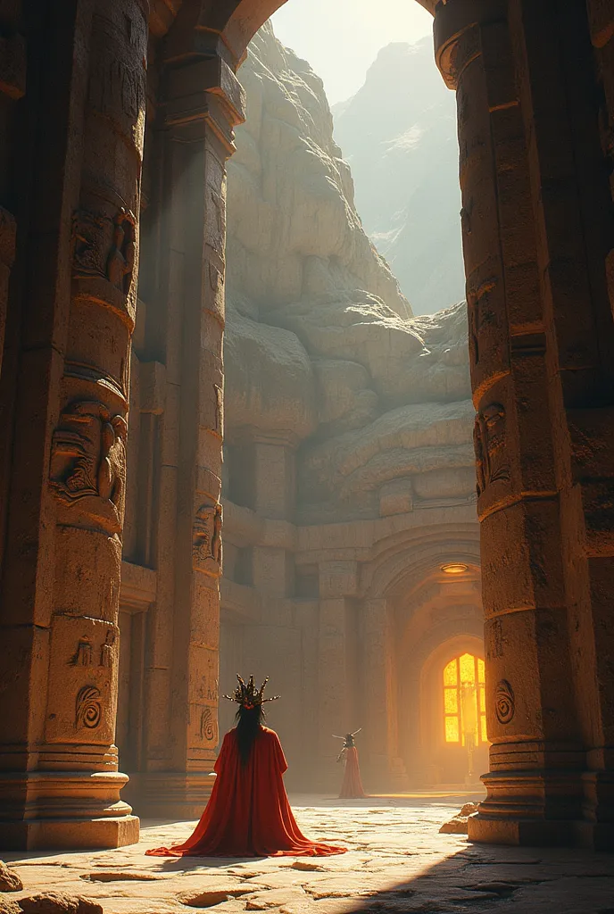 A mysterious temple hidden in the mountains, with intricate carvings of the sun god Inti, and Manco Cápac kneeling in prayer, surrounded by glowing symbols.