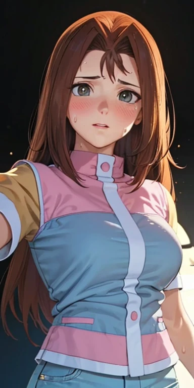   1 female, high definition, dementia,    ultra-realistic    ,8K,serenidaddm  ,   gray eyes,  long hair,  Brown hair,     pink shirt  ,  blue shorts,European,sexy, Close-up of the upper body,    photographed from the front  ,  Dynamic Angles  ,blush,  smal...