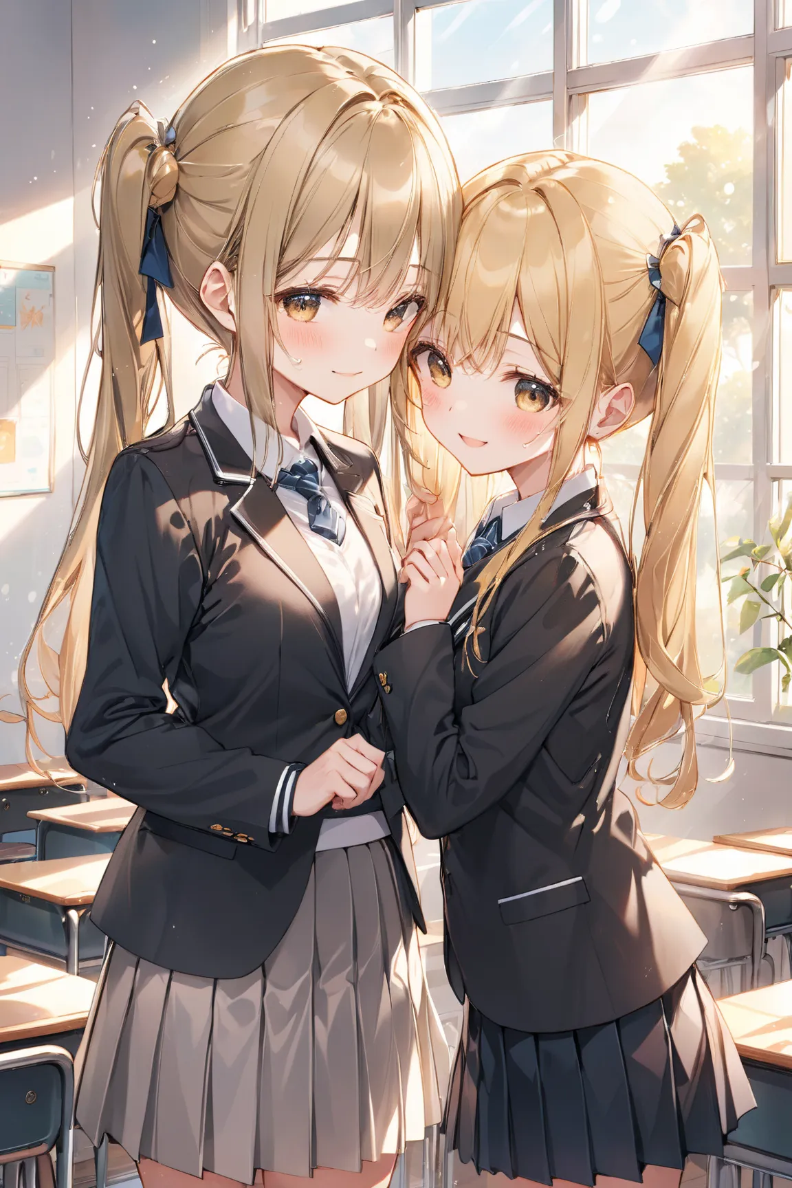 A heartwarming anime-style illustration of two beautiful high school girls in a cozy classroom setting during daytime. They are standing close together, both wearing stylish school uniforms with blazers and pleated skirts. The blonde girl has her hair tied...