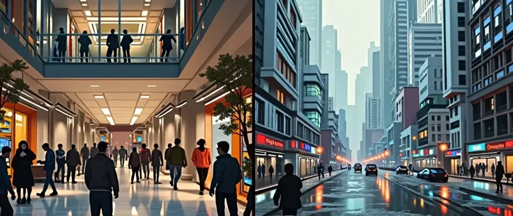   cityscape. Google Office image in two versions, separated by a vertical line .  left: before the apocalypse,   photorealistic style . right : After the Apocalypse,   Cyberpunk style  