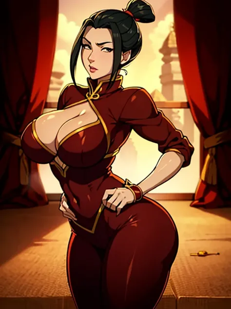 Beautiful, masterpiece, Best quality, very detailed face, perfect lighting, cowboy shot, 1 girl, Azula, perfect body, tight clothes, seductive, pomade, draw up, I look at the viewer, wide hips, ((massive breasts)),((massive ass)).