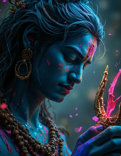 close up portrait of Lord shiva, dark blue skinned, wearing rudraksh mala, long hair, close eyes, holding his trident (trishul), the shadow of Trishul is falling on face, colors sprinkled on face and hair, here and there, color powder sprinkled , light on ...