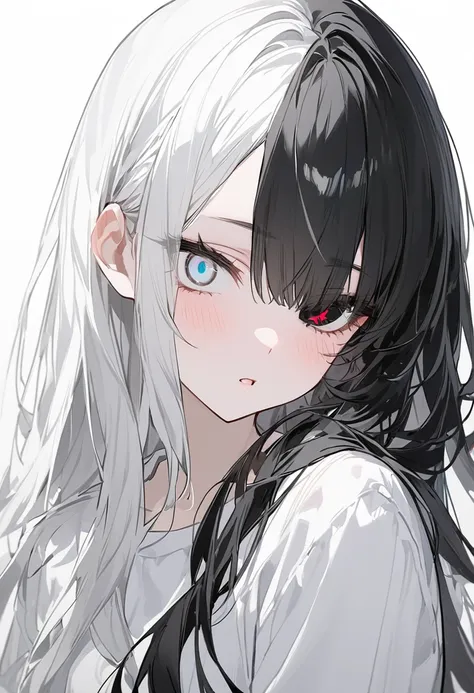  black and white 、girl、ผมสี black and white 、 right eye is black 、 right eye is black 髪、Half black 、 half white 、 long hair、odd eye、Odd Eye: Left eye is white, right eye is black、 black and white mixed 、 black and white mixed 、 all black and white girl 、 a...