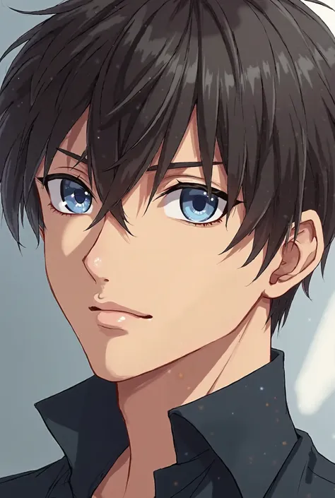 A Damm handsome anime character with blue and gray eyes and brown and black hairs he is Damm handsome 