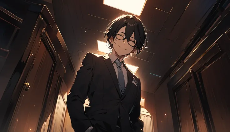 Man with eyes closed、smile、 Wears Glasses、I'm wearing a suit、 has split black hair、angles from below、 in the room、 backlit