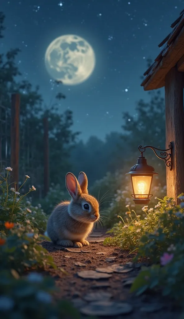 A hyper-realistic and cinematic digital painting of the small brown rabbit with soft fur and bright, curious eyes crouching low in a moonlit garden, ears perked up as it notices tiny footprints in the soil. The soft glow of the farmhouse lantern illuminate...