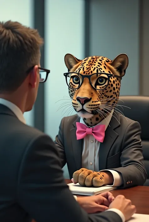 
A man with  glasses sits in a meeting room and the meeting manager front of him is a leopard wearing a pink bow 