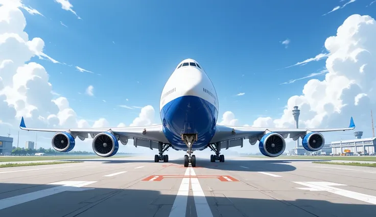 An anime style video of a white Boeing 747 type airplane with a blue tip, blue engines and tail. The plane is on the runway preparing to take off, the camera is in diagonal view.