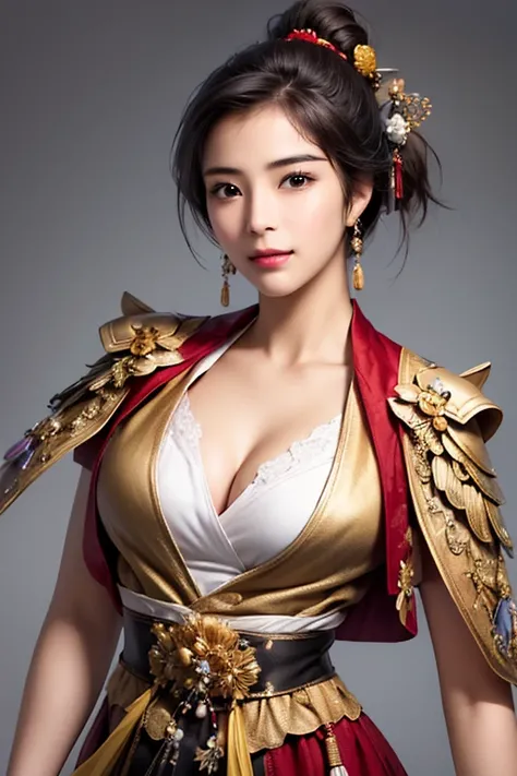 The upper body of a female warrior wearing golden armor and cloak, 1 person,  cute ponytail  ,20 years old, (((Real Face))), slightly larger breasts and cleavage,  reveal cleavage,Scary face,  very fine facial and skin textures , staring at the camera,   C...