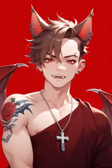 Anime Bat boy, bat ears, brown hair with bangs, red eyes, fangs, black and red wings, handsome, cross necklace, industrial piercing, tattoo on shoulder, eyebrow piercing spooky red background 