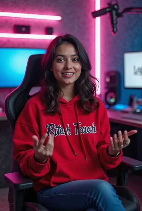 25 year old An Indian man sitting confidently on a modern gaming chair in her YouTube studio. She is wearing a bright red hoodie with Ritesh Teach " boldly printed on it. Her face is clearly visible, radiant, and expressive. The woman is gesturing with her...