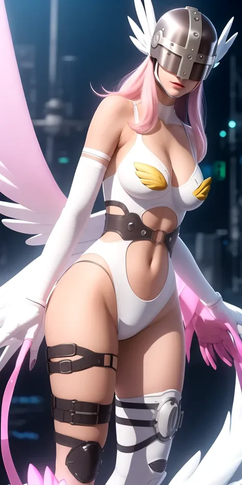 ((ultra high resolution 8k)) the most beautiful girl, the most beautiful of all, pink lips, Digimon\(Angewomon\), transparent fiber helmet, transparent blue helmet, sexy outfit,\(angewomon\),1girl,solo,large_breasts, steampunk