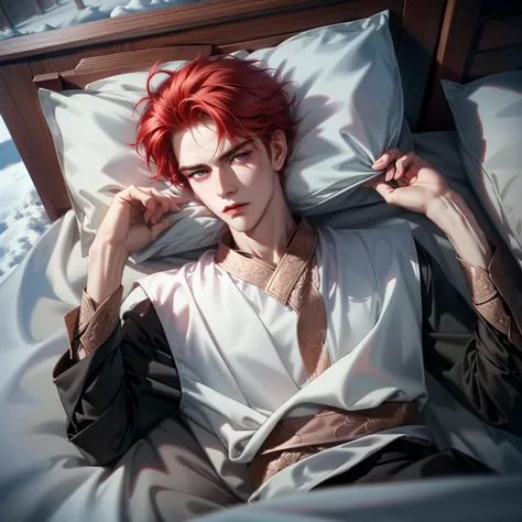 1 boy,  alone, person,  handsome, Vivid hair dyed red, male,pale skin,  lying in bed , frowning face, ,  detailed snow, wonderful, high resolution, very high resolution,  delicate face