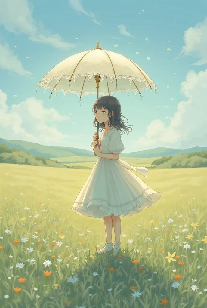 A girl is standing in the field with his umbrella open