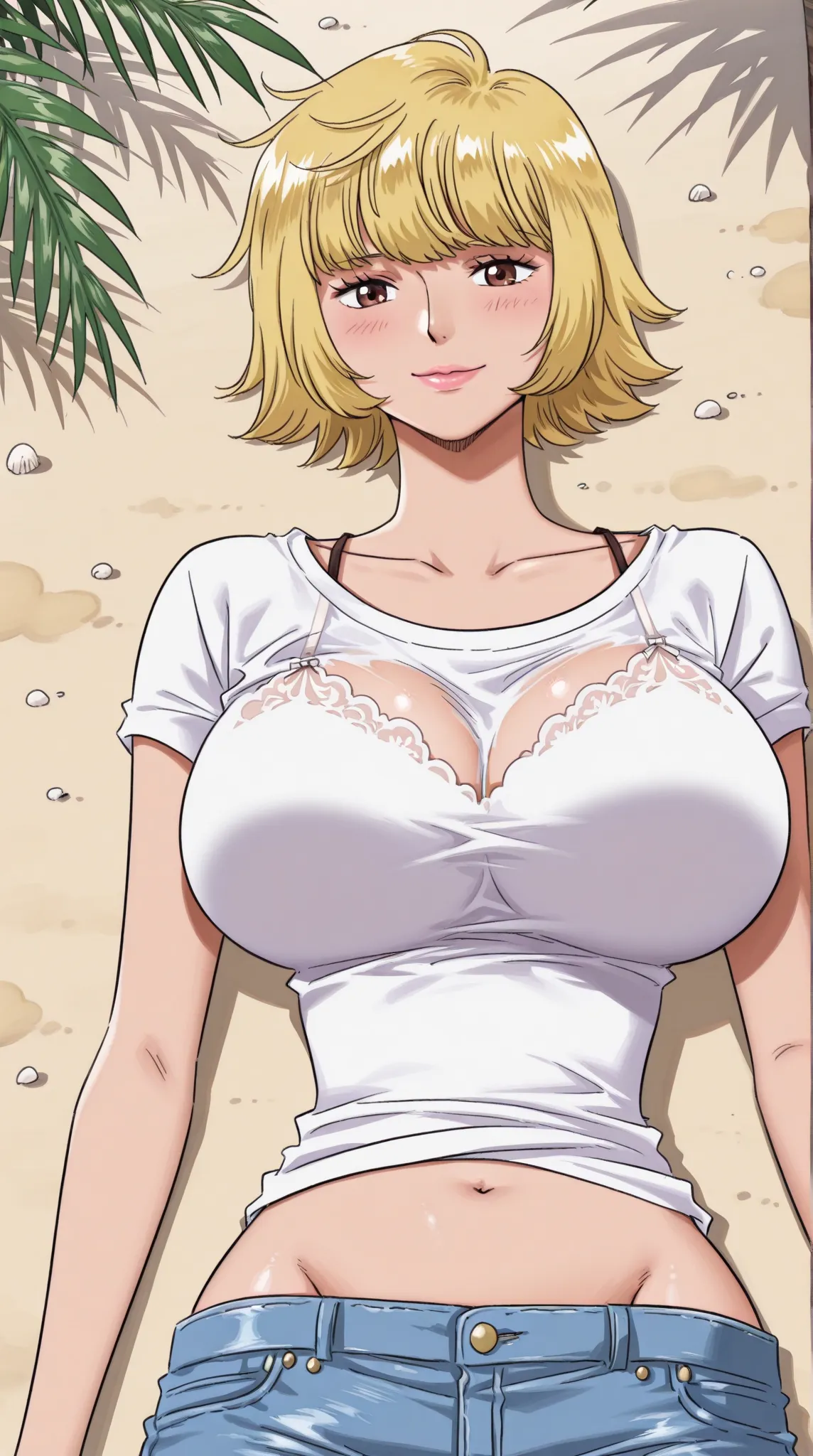 ((MargueriteOP, 1girl, solo, short hair, blonde hair, unruly hair, brown eyes, lips, navel, midriff, groin, collarbone)), 1girl, huge breasts, huge butt, thick thighs, sensual woman, mature female, blushes, source_anime, quality_masterpiece, anatomically c...