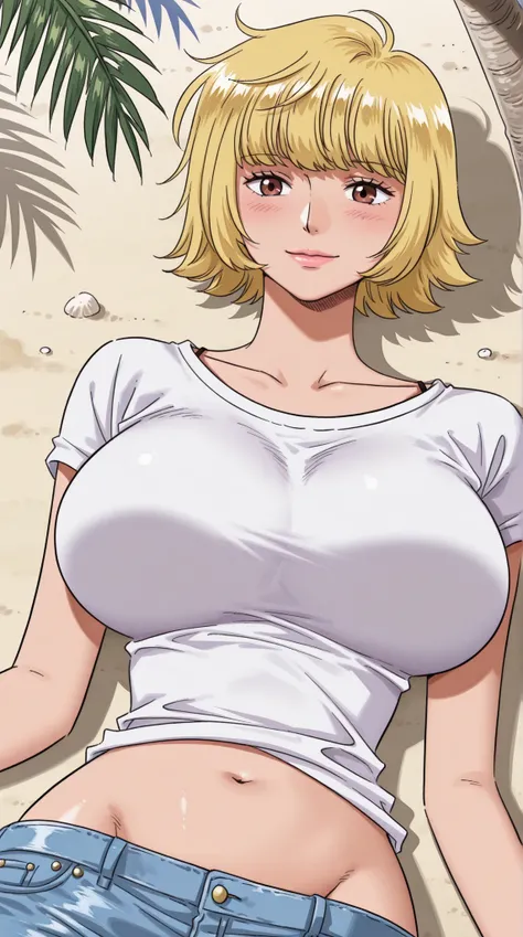 ((MargueriteOP, 1girl, solo, short hair, blonde hair, unruly hair, brown eyes, lips, navel, midriff, groin, collarbone)), 1girl, huge breasts, huge butt, thick thighs, sensual woman, mature female, blushes, source_anime, quality_masterpiece, anatomically c...