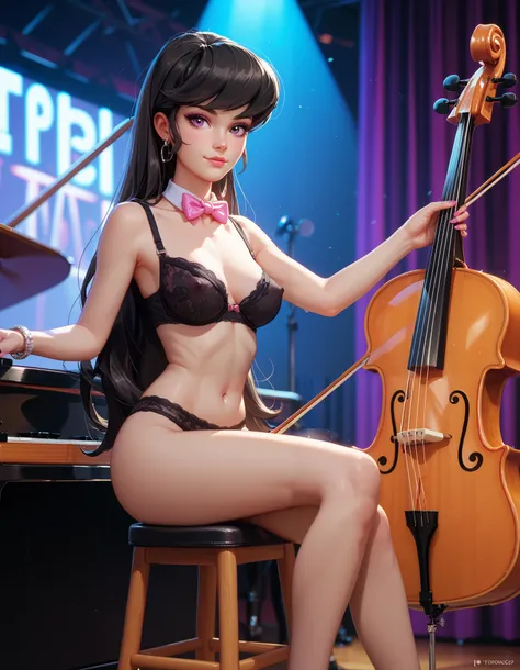 equestria girls, octavia, human, on stage, solo, sitting on a stool, playing a cello, wearing a black bra, wearing black panties, wearing a pink bowtie, artistic nudity, erect nipples under clothes