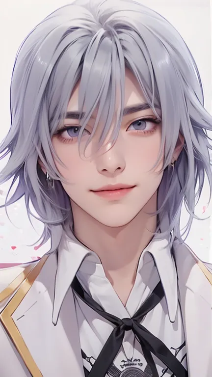 Anime boy, handsome face, purple mix gray hair, gray eyes, idol male, smile, looking to viewer, background white