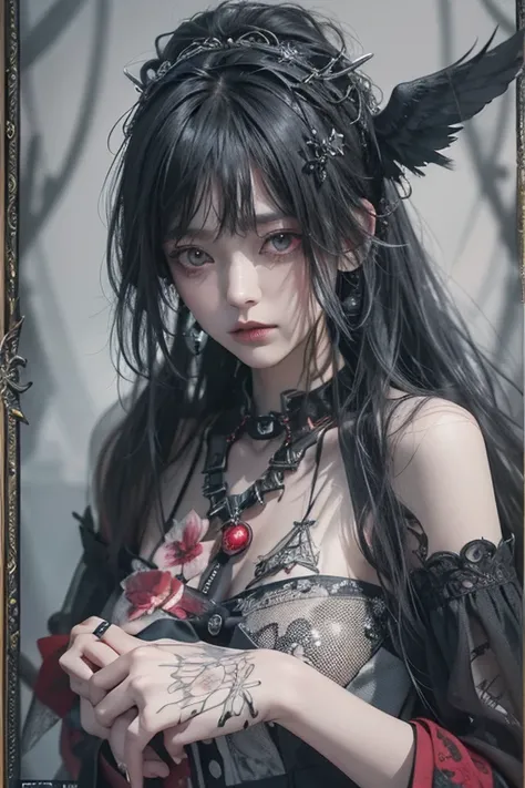   TOP QUALITY  、8k、masterpiece：1.3、   gothic punk  、 The inside is red 、Gray Black Hair、 hair ornaments close to the garden、a beauty girl、   creative 、 Dark Fantasy Style 、Neogos、   goth fashion   ：1.2、  high resolution 、masterpiece、  TOP QUALITY  、頭w:1.3、...