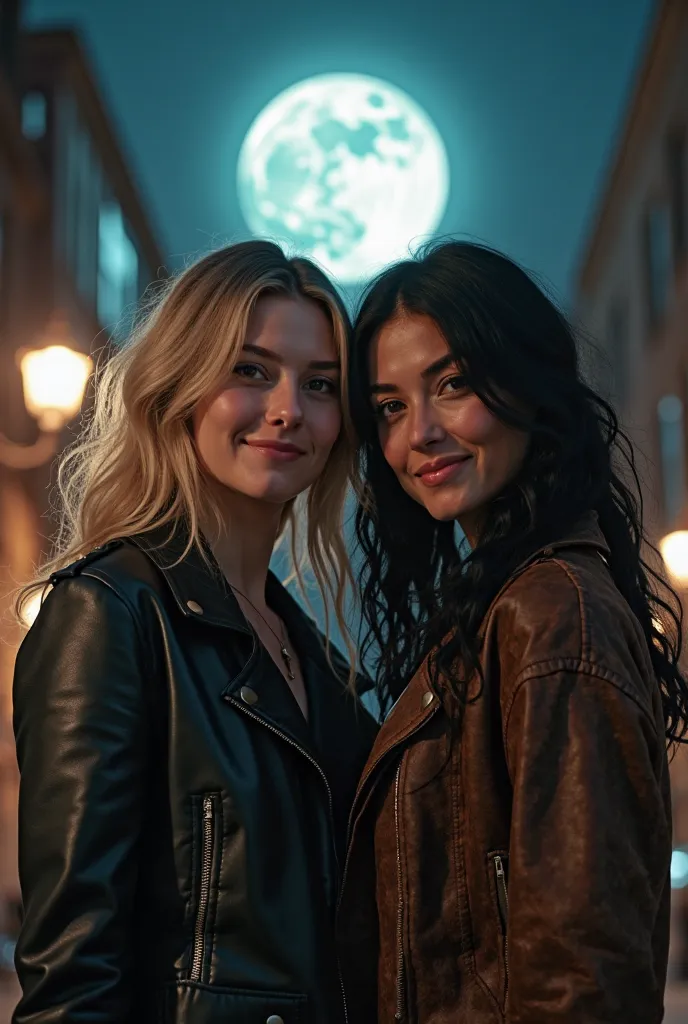 Create an image of two women in a dark city with a full moon, a 20-year-old blonde girl smiling in privileged girl's clothing and a mature 45-year-old blackhaired woman with a serious face and with rude women's clothing