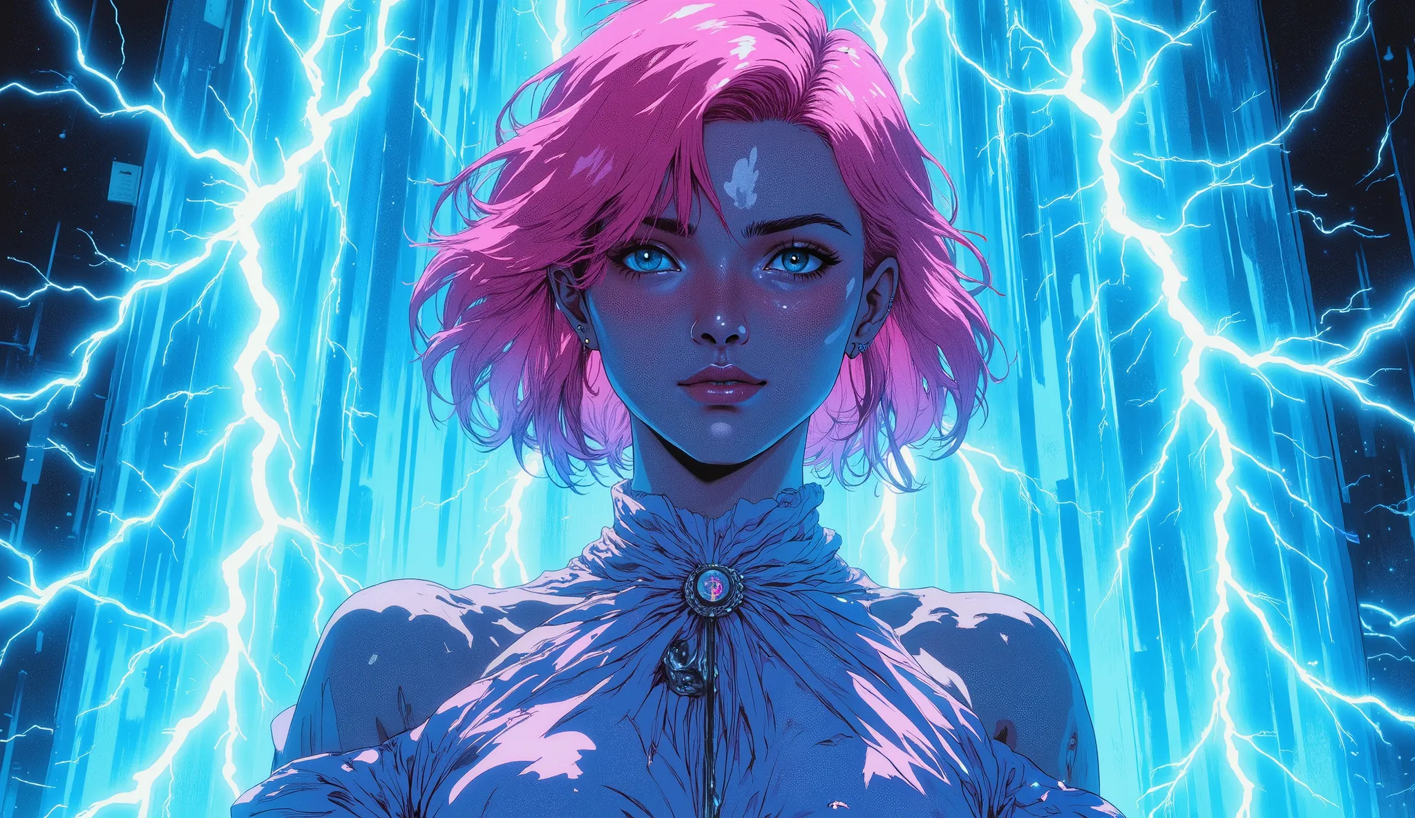  beautiful woman in dress,  young, pink hair, behind it there are huge rays, The lightning is blue