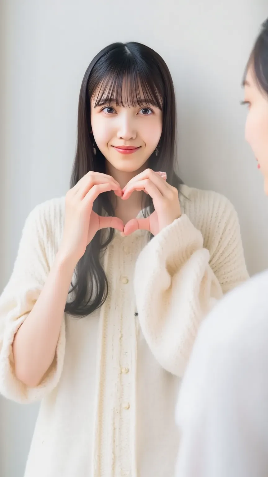 She is wearing a camisole, I make a heart shape with both hands , And then pose in front of her chest,  close one eye 、 Close-up shot of her smiling face 