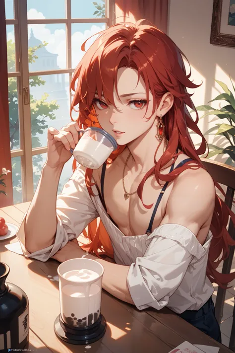 Beautiful young man with long hair colored milk tea。 red eyes。is tied to his back and banged with a dildo from behind