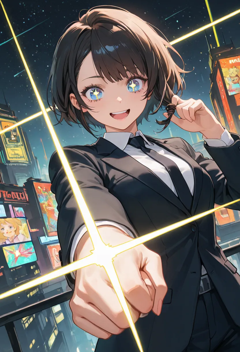 girl in suit , Hair swirling in strong winds  , Dynamic angle , clenched fists in left hand and stretched up  , excited expression  , to reach out to the my view , sparkling eyes , Star , Flash , cyberpunk style background , futurestic , star above city