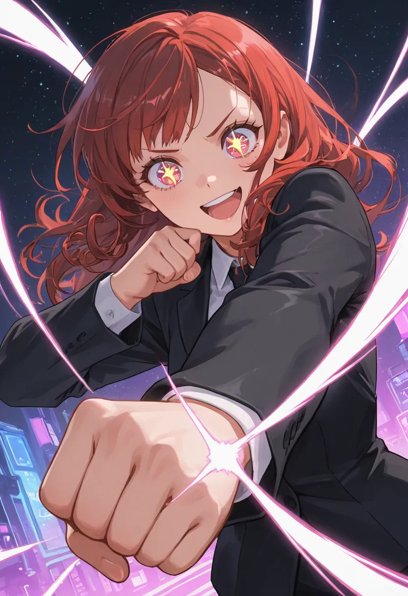 girl in suit , Hair swirling in strong winds  , Dynamic angle , clenched fists in left hand and stretched up  , excited expression  , to reach out to the my view , sparkling eyes , Star , Flash , cyberpunk style background , futurestic , star above city