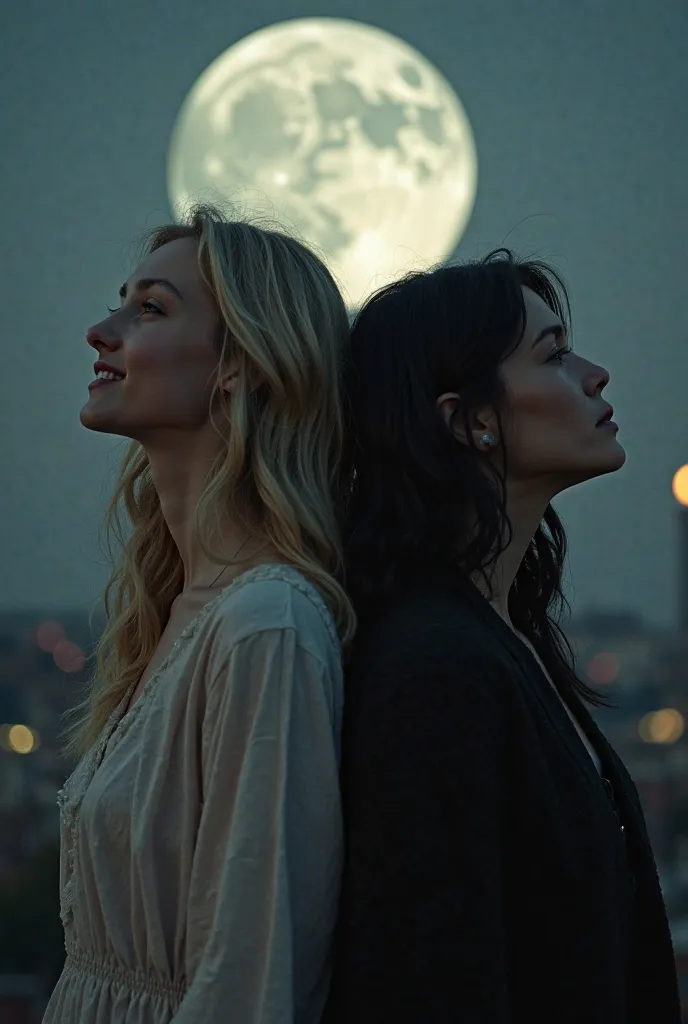 Create an image of two women in a dark city with a full moon, a 20-year-old blonde girl smiling in the clothes of a privileged girl, It can be a light dress and a mature 45-year-old blackhaired woman with a face would be looking up to the sky and wearing r...