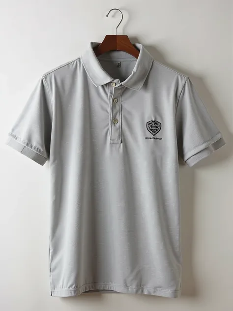 a grey polo shirt with a design on it hanging on a hanger, official product image, flat grey color, gray shirt, light grey, gray color, polo shirt, polo shirt, product photo, gray canvas, casual modern clothing,