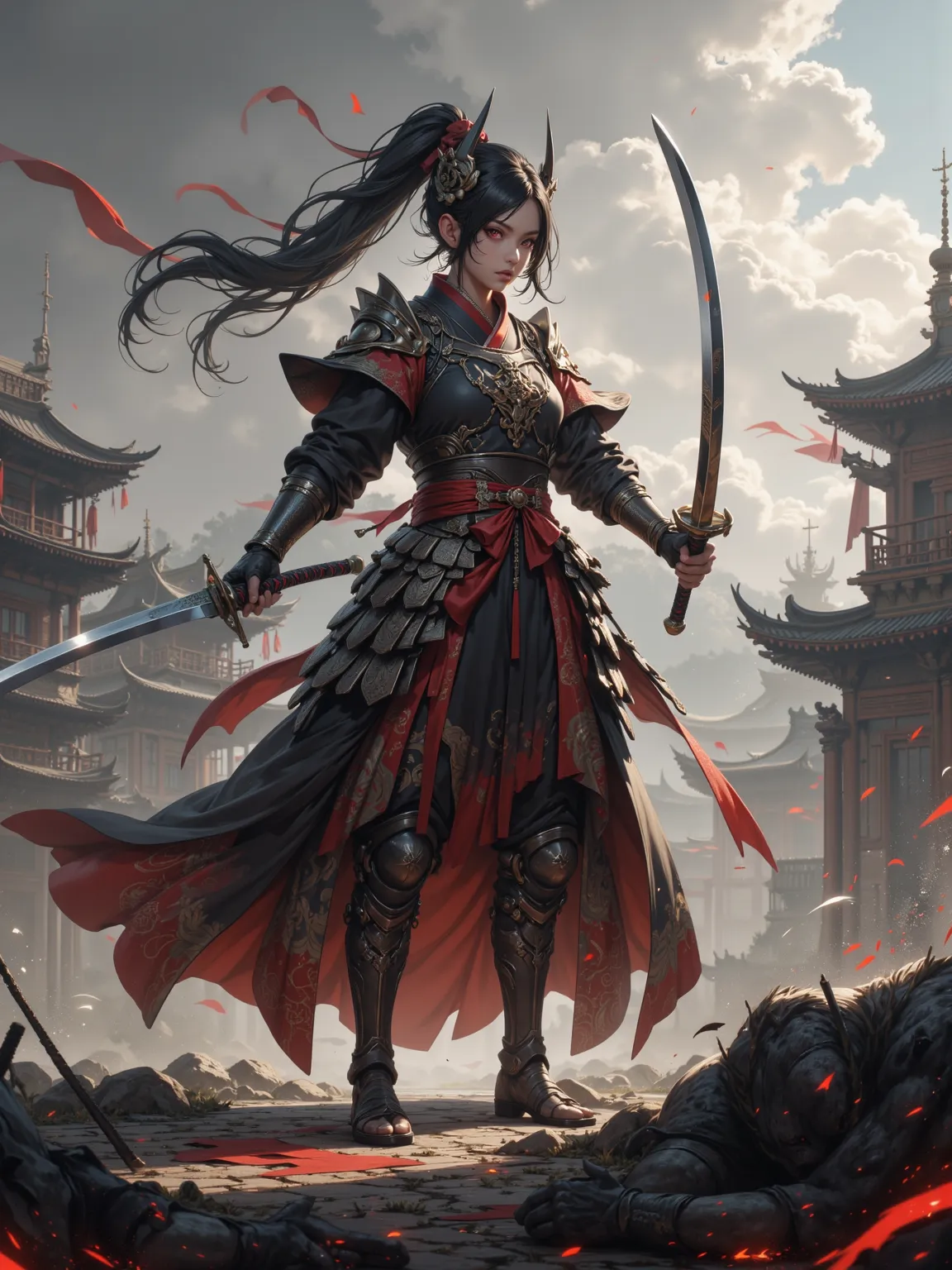 Samurai Woman，Skillfully used a double sword，Red-red Eyes，to drop dead bodies over her，Historical Battlefield，martial arts。