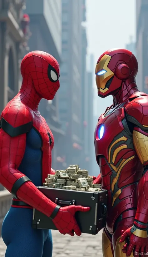 Spider-Man nods at Iron Man with gratitude, taking the suitcase of money from him. His eyes show excitement." in avengers In Full HD 3D Animation 