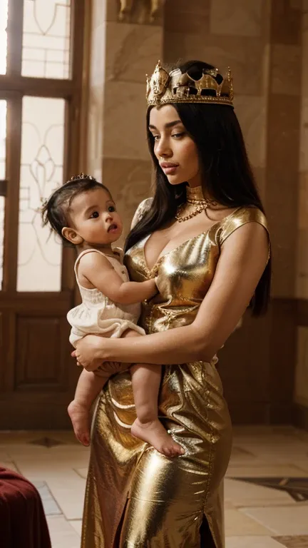 Inside Pharaoh’s palace, Queen Asiyah holds baby Musa and convinces Pharaoh to adopt him.