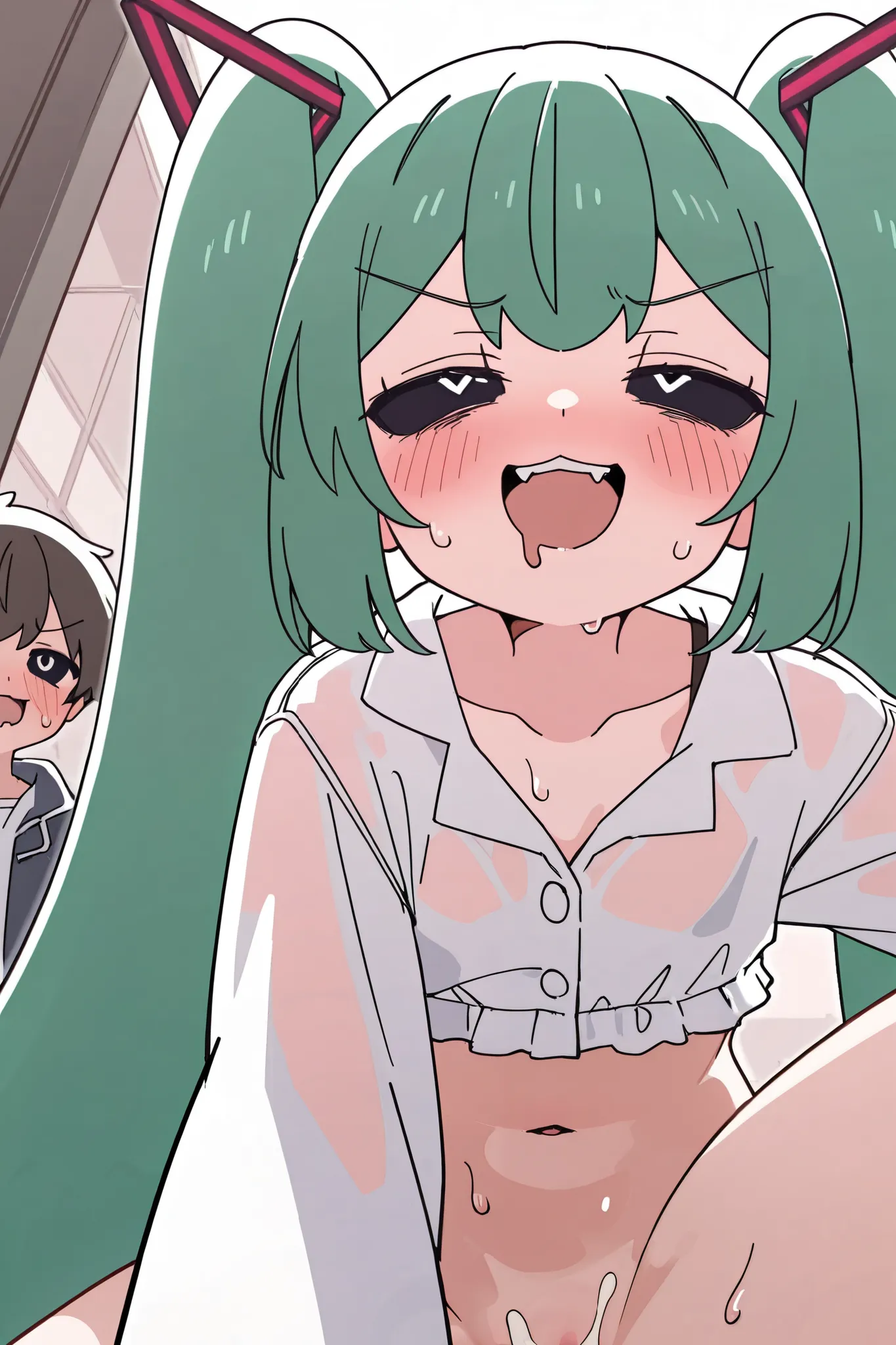 1 girl,  Hatsune Miku,hmmnt ,39neko,cat girl ,:3,(Black sclera), dark eyes, white eyes,:d, v-shaped eyebrows,Skin teeth ,Dripping from the mouth,twin tails, very long hair,hair ornaments close to the garden, green hair,side lock, lean forward, upper body, ...