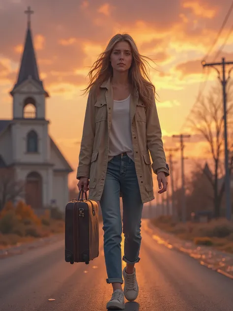 A young woman walks alone on a deserted street at dusk. In the background, there is an old church, imposing, but blurred, representing the past she left behind. The wind blows her hair lightly,  and your expression is serene , but marked by a touch of sadn...