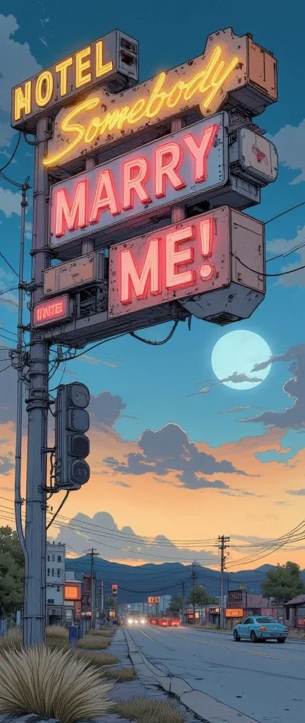 "Somebody marry me！"Detailed Headline Signs,Cyberpunk,Expressway,Bike,Car chase,Motel, desert,neon,evening,cloud,advertising signs line up,Talk to a dynamic microphone fixed to the ,dynamic angle,dynamic typography,movie poster, magazine cover ,big title ,...