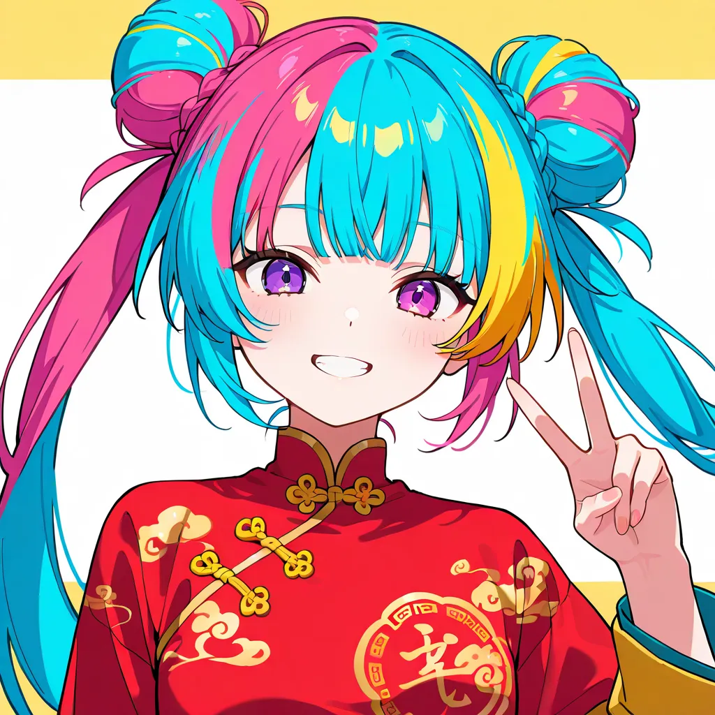 Very colorful hair（right hair red or orange　Left hair is blue　bangs etc. are yellow）　twin tails　 purple eyes　Chinese clothes　makes me grin　Peace sign in hand