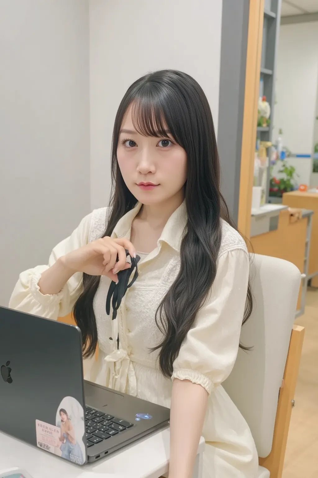 “A Japanese female office worker sitting in an office chair with her legs crossed, a laptop on the desk in front of her, modern office environment, professional attire, realistic style, well-lit, detailed, 4k”

