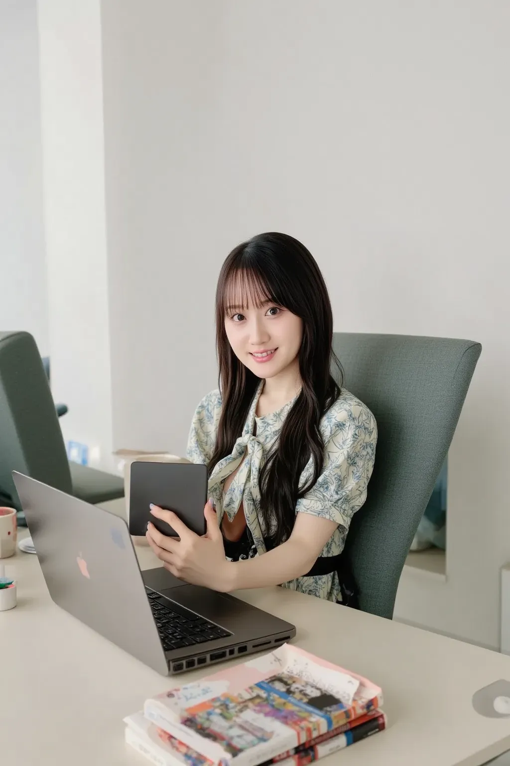 “A Japanese female office worker sitting in an office chair with her legs crossed, a laptop on the desk in front of her, modern office environment, professional attire, realistic style, well-lit, detailed, 4k”

