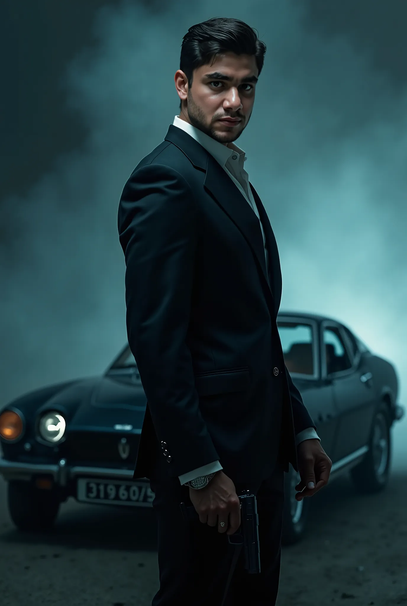 A man, tall man, lean body, whit colour normal hair cut, black hair,  blck  suit jacket, he is hoding a pistol in right hand standing near  jaims bond car,in almost black  and blue fog baground , cinimatic lightings, cinimatic shot, cinimatic, cinimatic po...