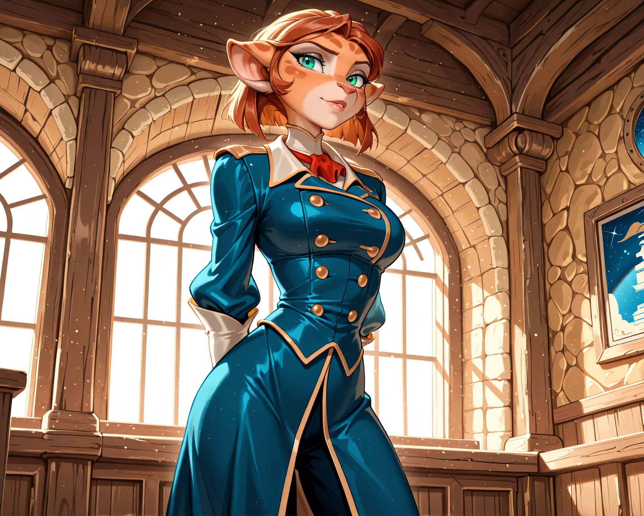 Masterpiece, best quality, absurd res, solo, captain amelia from treasure planet, anthro feline girl, brown hair, green eyes, uniform, standing, hands behind back, in a captains cabin,