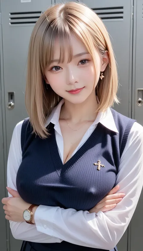  score_9, score_8_up, score_7_up, super precise,Absolute Determination, Beautifully Drawn Faces and Eyes in Every Detail, Japanese young woman  ,blonde hair, medium hair,amount,smile,REAL SKIN, school uniform, Long Sleeve,sweater vest,Chest,crosses arms on...