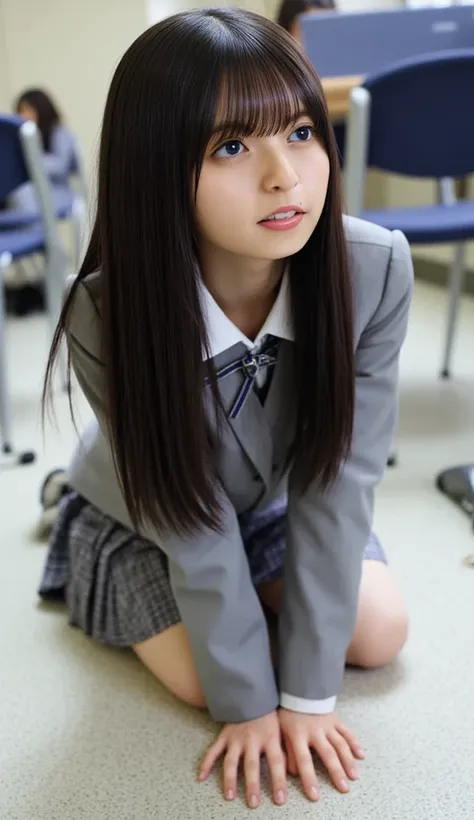 A high resolution photograph of a Japanese young woman, masterpiece, amazing quality, intricate details, extremely detailed, professional lighting, (sharp focus), nsfw, girl, black long hair, school uniform, classroom, (((lie down on the ground, on all fou...