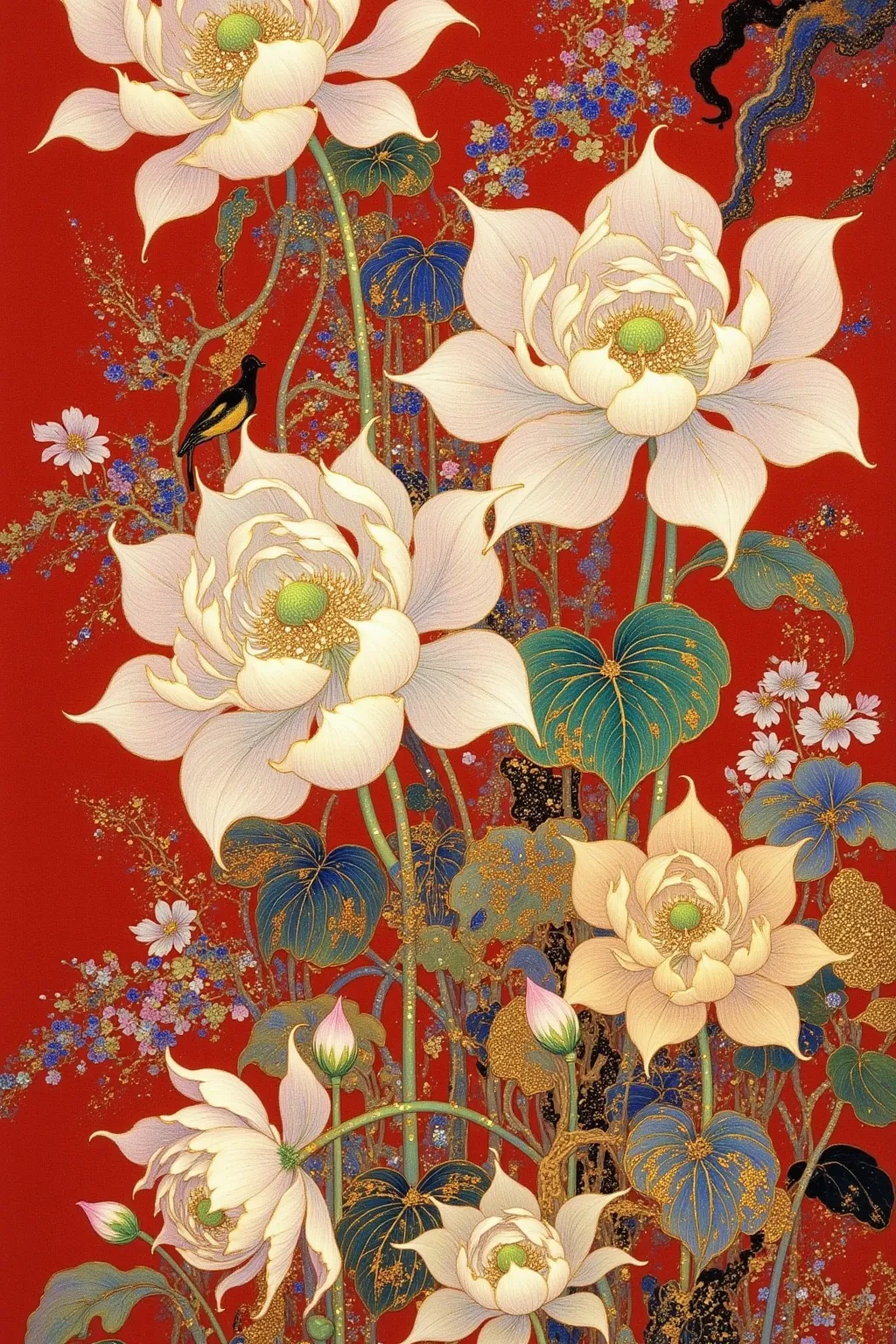 There is a painting of a building with a tower and flowers, An extremely detailed painting inspired by Yun Shouping,  is popular in the CG society , Cloisonnism, intricate detailed painting , Oriental Fantasy,  Oriental Wallpaper ,  Oriental Art Nouveau , ...