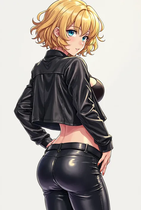  anime character, single character, leather pants, belt, tight high boots with high heels, androgynous, leather boots with heels, posing for a picture, black shiny leather, bellybutton, curly blonde hair, crotch, Anime character, short curly blonde hair, l...