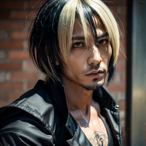 1 man, Japanese streampunk goth man, male, Asian eyes, muscular, broad shoulders, tattoos, hairstyle Visual Kei style, hair Visual Kei, black men's shirt and black pants, ultra detailed face and eyes, hyperrealistic, realistic representation, shoulder-leng...